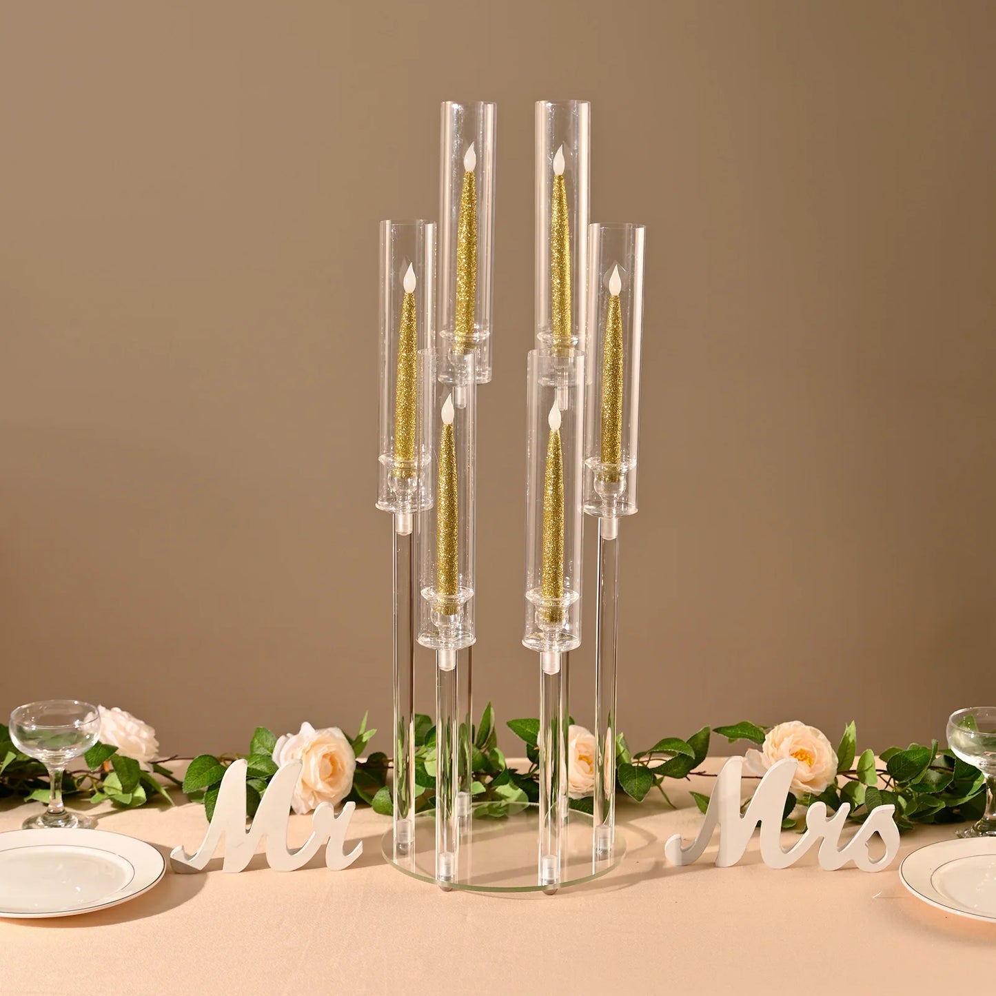 (10) 6 Arm Candelabras Clear Taper Candle Holders