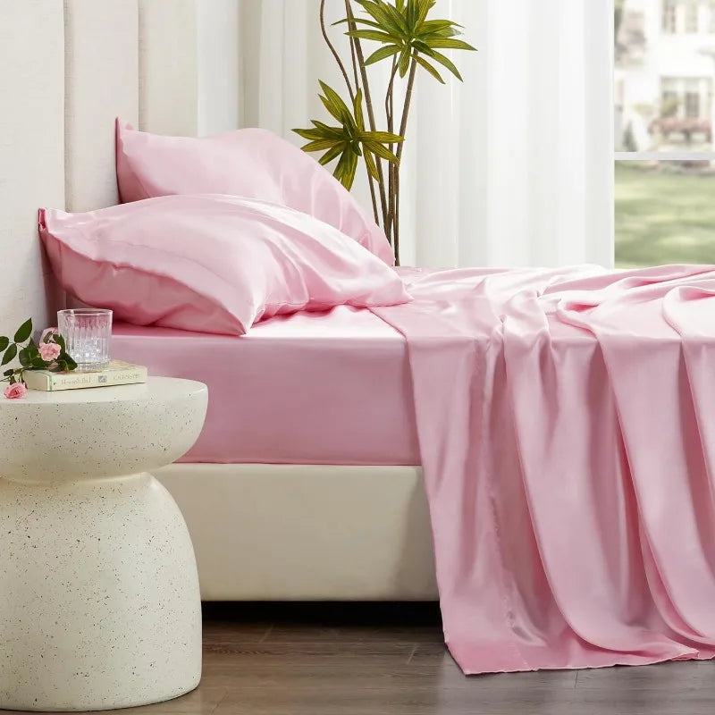 Silky Pink Satin Sheets  Set (Queen Size)