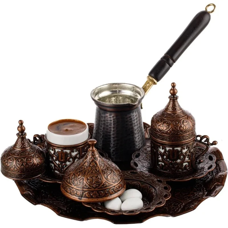 Full-On Antiqued Copper C0. Coffee Making and Serving Set