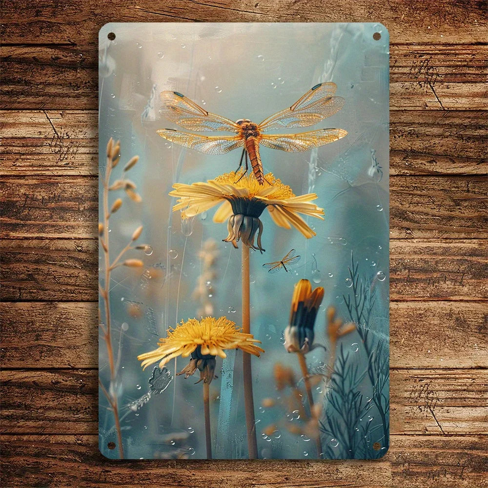 Dandelion and Dragonfly Vintage Metal Plaque