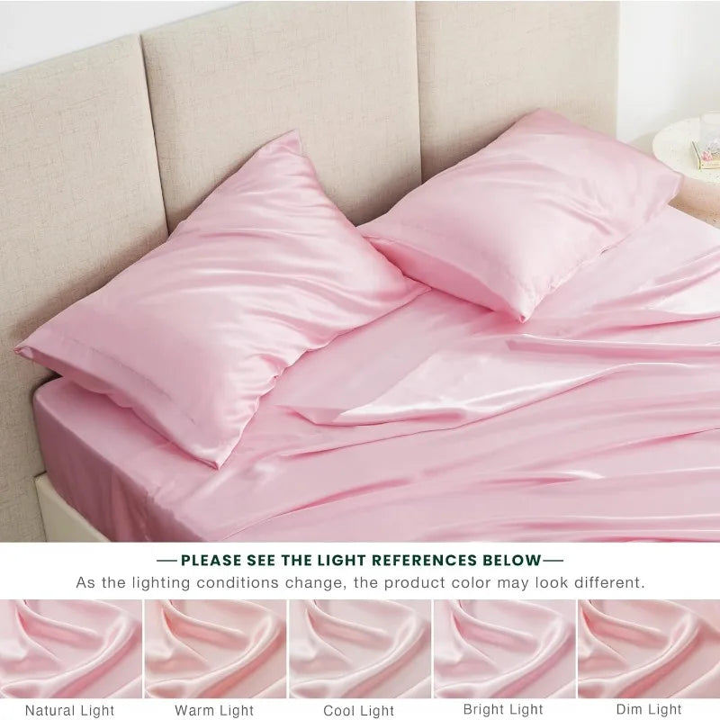 Silky Pink Satin Sheets  Set (Queen Size)