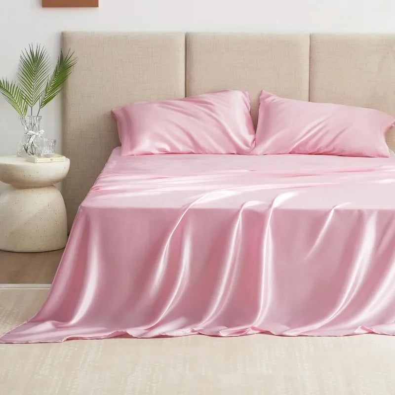 Silky Pink Satin Sheets  Set (Queen Size)